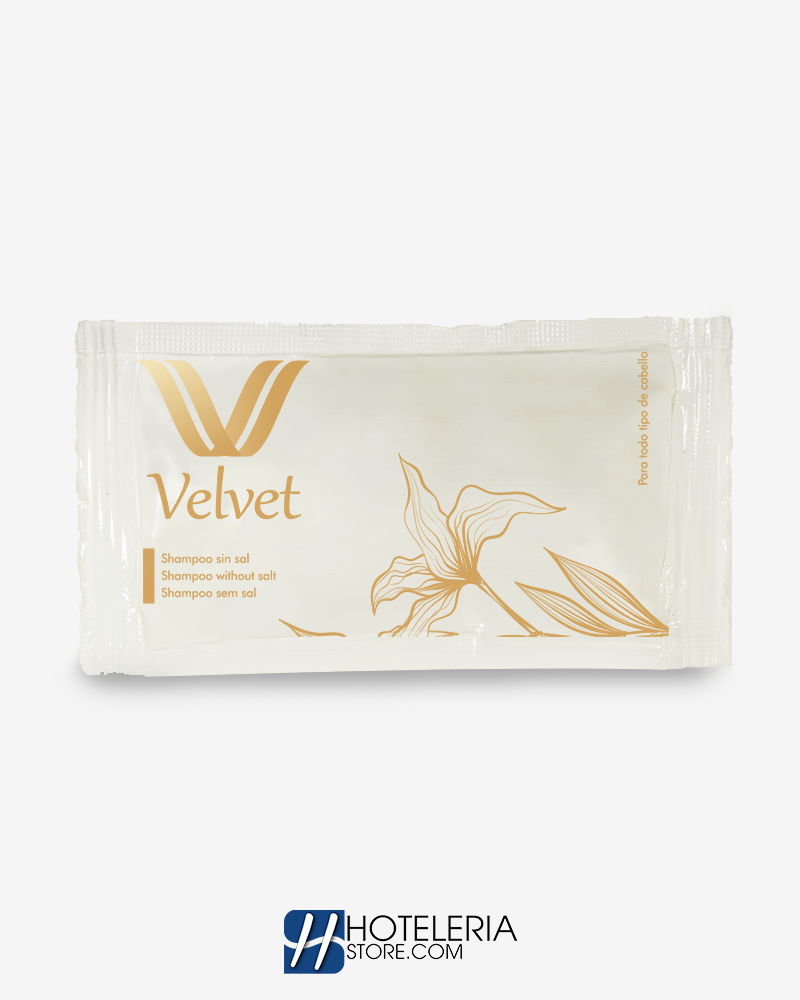 Shampoo Velvet con fórmula equilibrada y aroma a almendra y nuez, ideal para huéspedes de hotel